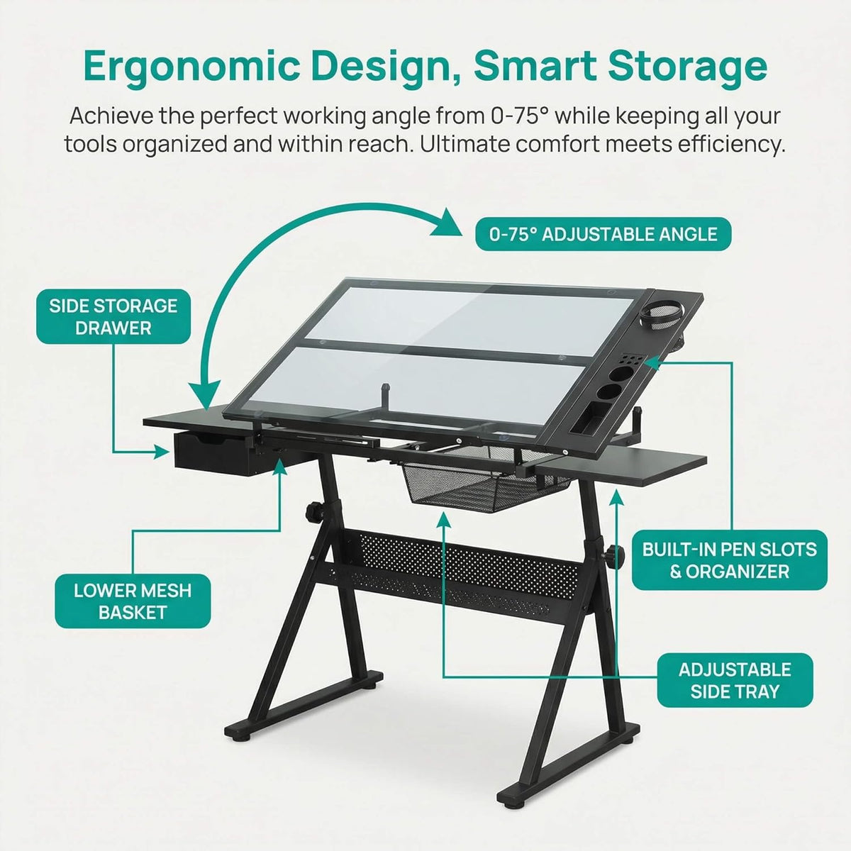 Litex Adjustable Drafting Table with Stool, Glass Top Art Desk for Drawing & Painting, 0–75° Tilting Tabletop, Height Adjustable Craft Desk with Storage Drawers for Home Office Studio (Black)