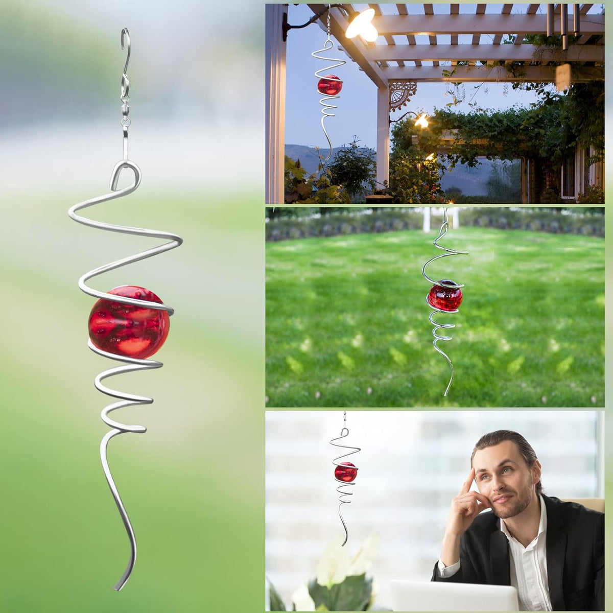 Gazing Ball Spiral Tail Wind Spinner Stabilizer, Garden Decorations Stainless Steel Metal with Hook & Red Crystal Glass Orb Outdoor Hanging Decor Kinetic Yard 3D Swivel Art Sun Catchers