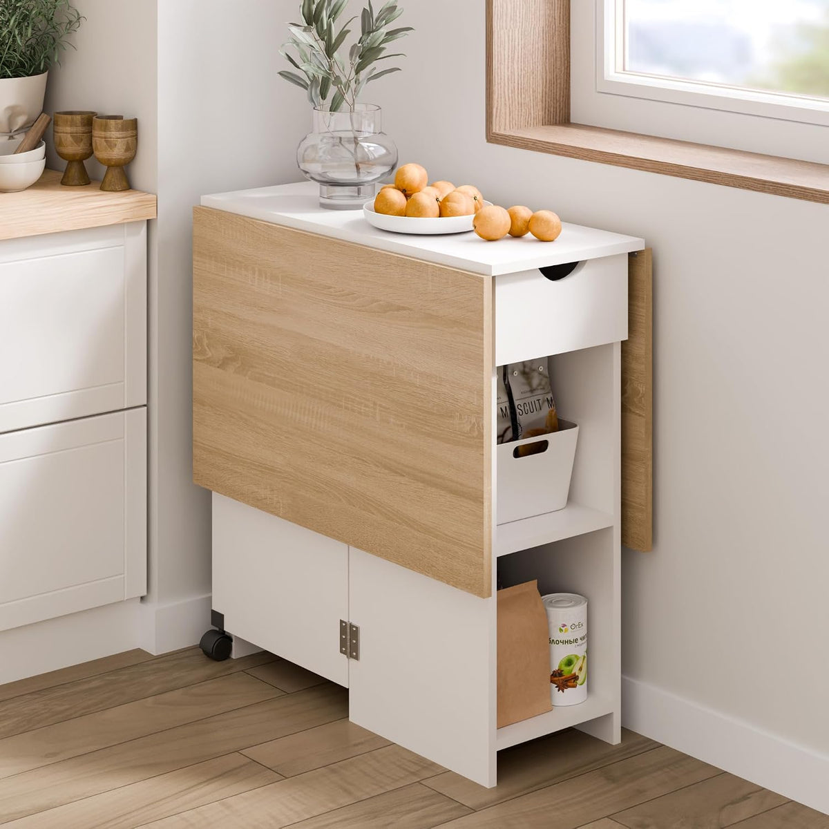 Mondeer Folding Dining Table with Drawer and Shelves, Oak & White | Drop Leaf Kitchen Table with 1 Drawer and 2 Storage Shelves in Modern Style for Small Spaces and Seats 4-6 People.
