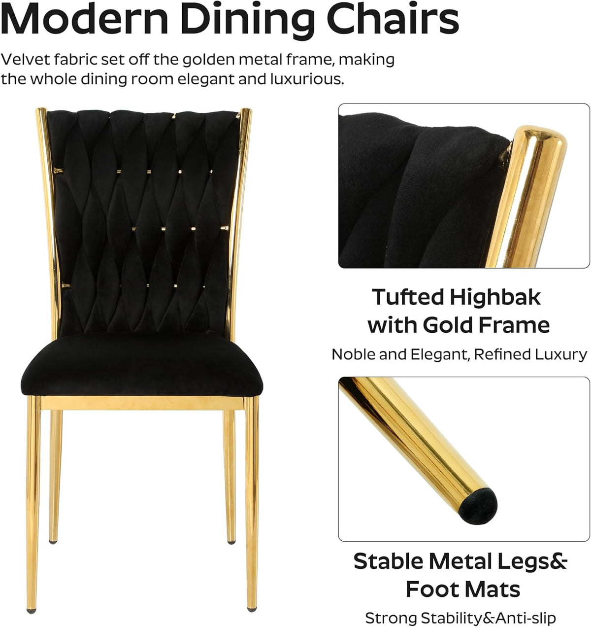 Modern Dining Chairs Set of 4, Black Velvet Woven Kitchen Chair with Golden Metal Legs, Upholstered Cushion & High Back Design, Mid-Century Dining Chairs for Kitchen, Living Room