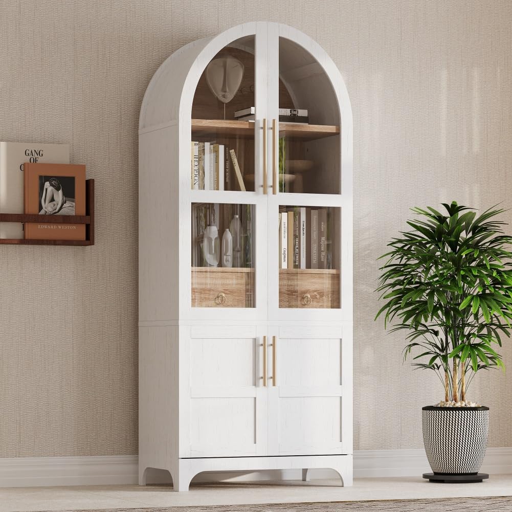 71" Tall Wooden Arched Storage Cabinet, Kitchen Pantry Cabinet with Hidden Drawer & Glass Door for Kitchen, Dining Room, Living Room and Bathroom (White)