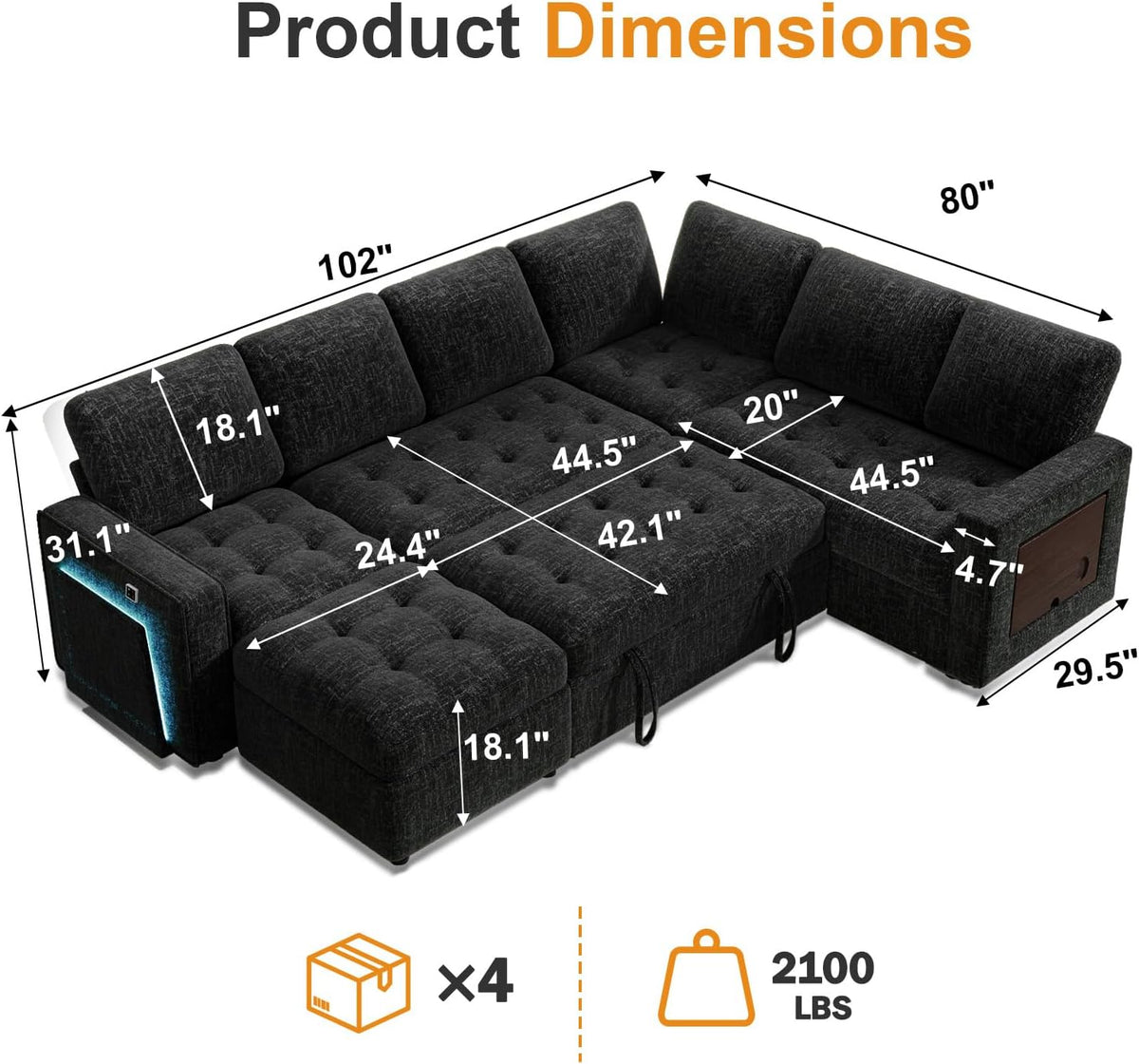 WEUP 7 Seat L Shaped Sectional Sleeper Sofa Bed with Pull Out Bed, Chenille Sectional Sleeper Couch with Ottoman, Adjustable Backrest, USB Ports, LED, Side Table, Tool-Free Assembly, Chenille Black