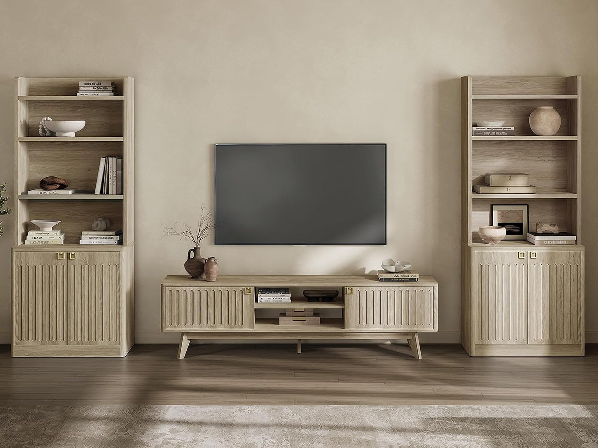 SICOTAS Fluted Modern TV Stand, 70" TV Console for Living Room | Mid Century Entertainment Center with Storage Cabinets, Media Console Table for 65/75/80 Inch TV, Light Oak
