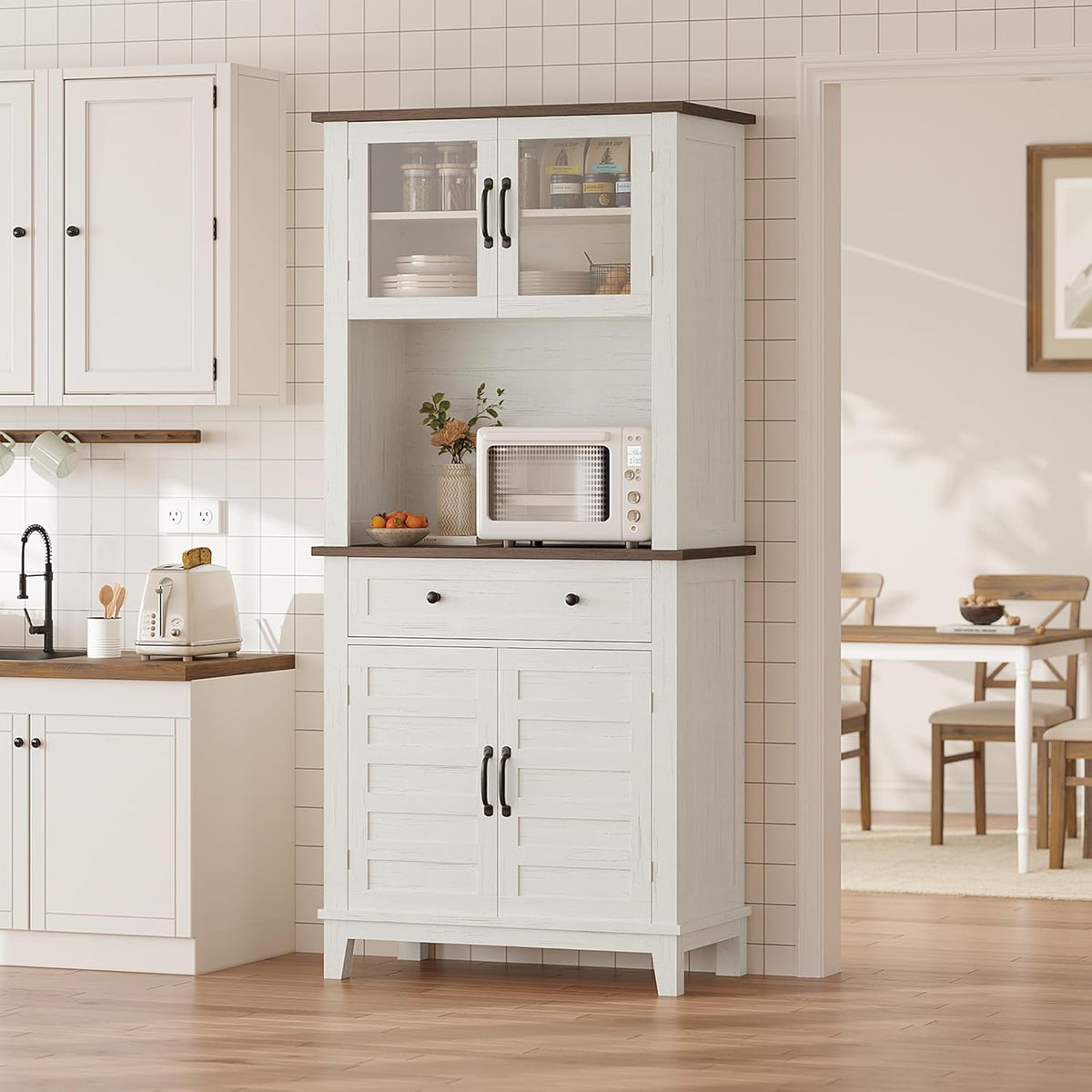 GAOMON Elegant 72" White Pantry Coffee Bar Cabinet – Tall Kitchen Storage with Adjustable Shelves, 4 Glass Doors & 1 Drawer – Multi-Functional Hutch for Dining Room & Kitchen, White