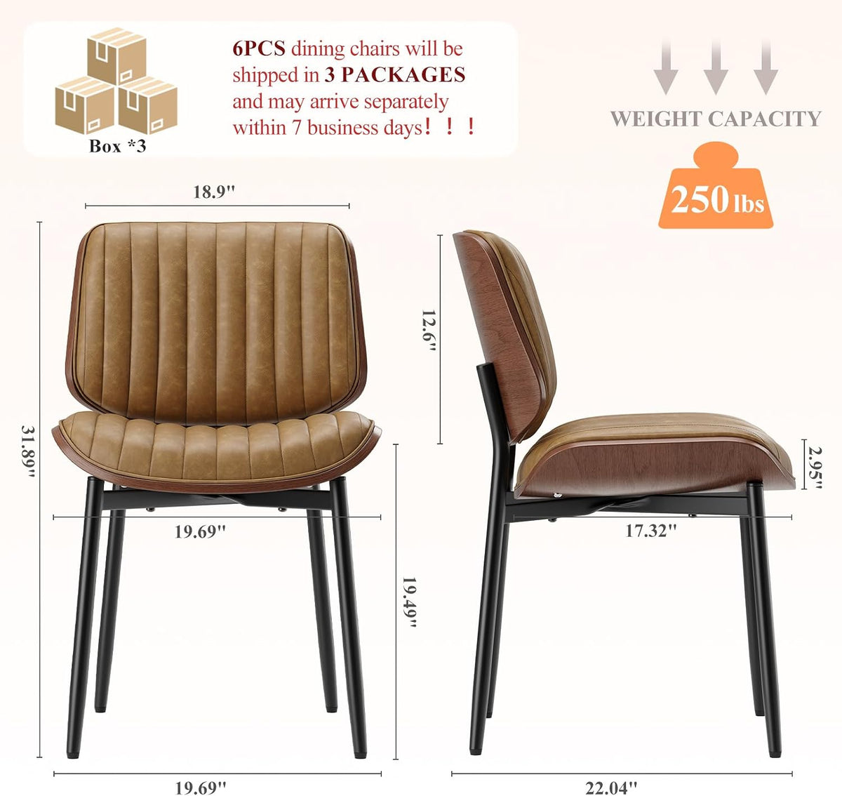 MALOL Leather Dining Chairs Set of 6, Modern Upholstered Dining Room Kitchen Chairs with Metal Legs and Wooden Back Support for Home Dining Room/Restaurant, Light Brown