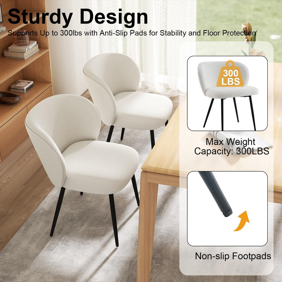 Chairs Set of 2, Upholstered Fabric Dining Room Chairs, Makeup Vanity Chair Modern Accent Chairs Farmhouse Kitchen Dining Chairs with Metal Legs for Home Kitchen, Living Room, Ivory