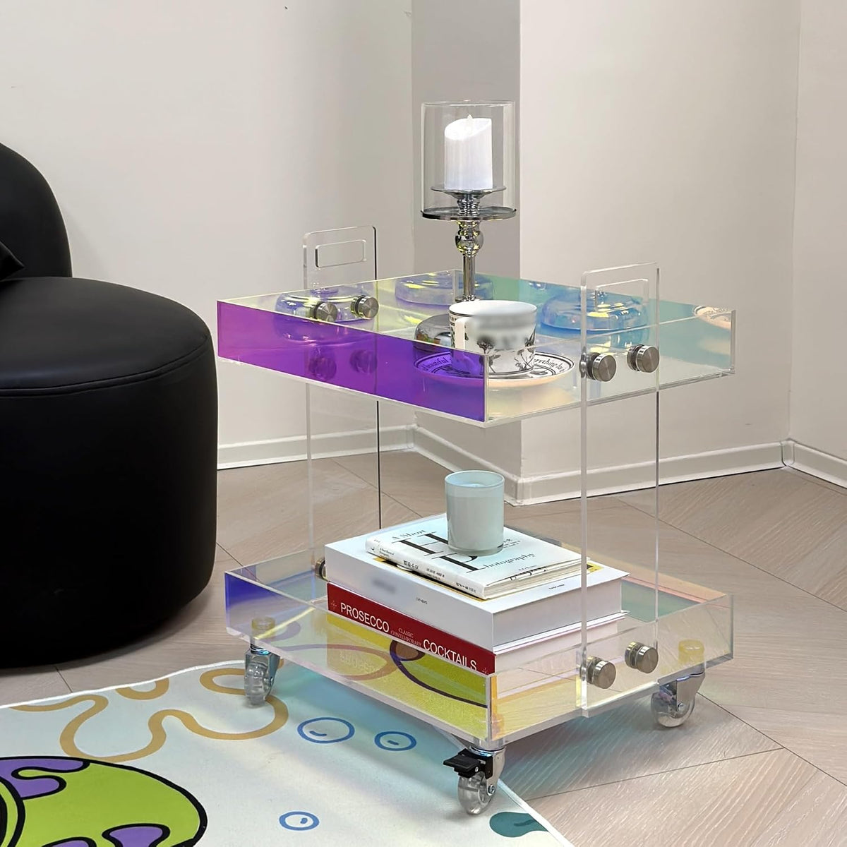 Acrylic End Table with Wheels, 2/3 Tiers Acrylic Bar Cart, Rolling Utility Cart with Handle, Colorful Clear Side Table for Drink, Food, Snack Used in Living Room, Bedroom, Study(16.4''x13.4''x18.9'')