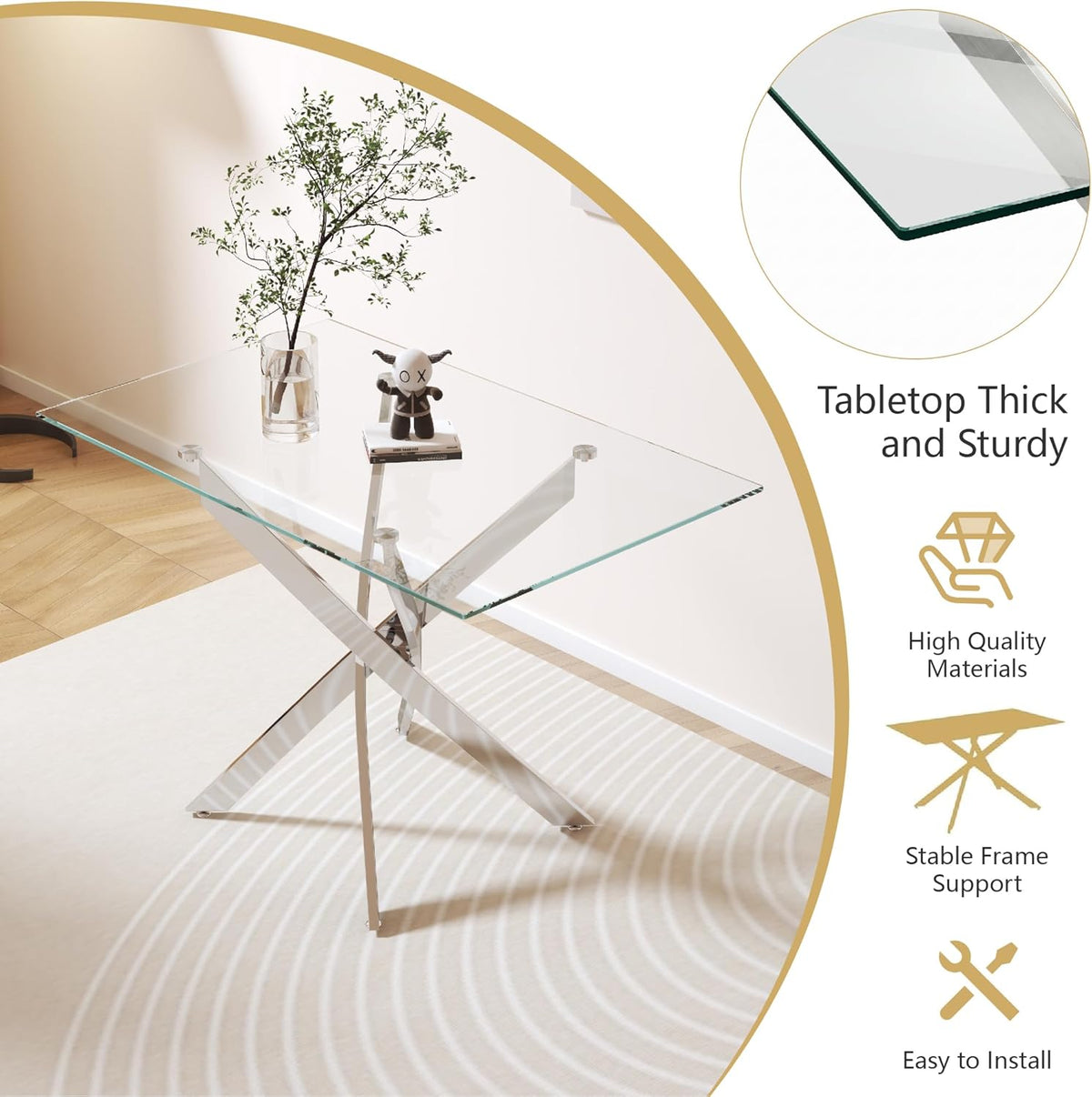5 Piece Glass Dining Table Set for 4, Modern Kitchen Table and Chairs Set, Tempered Glass Table with 4 Upholstered Chairs, Space-Saving Dining Set for Small Apartment, Kitchen (Silver&White)