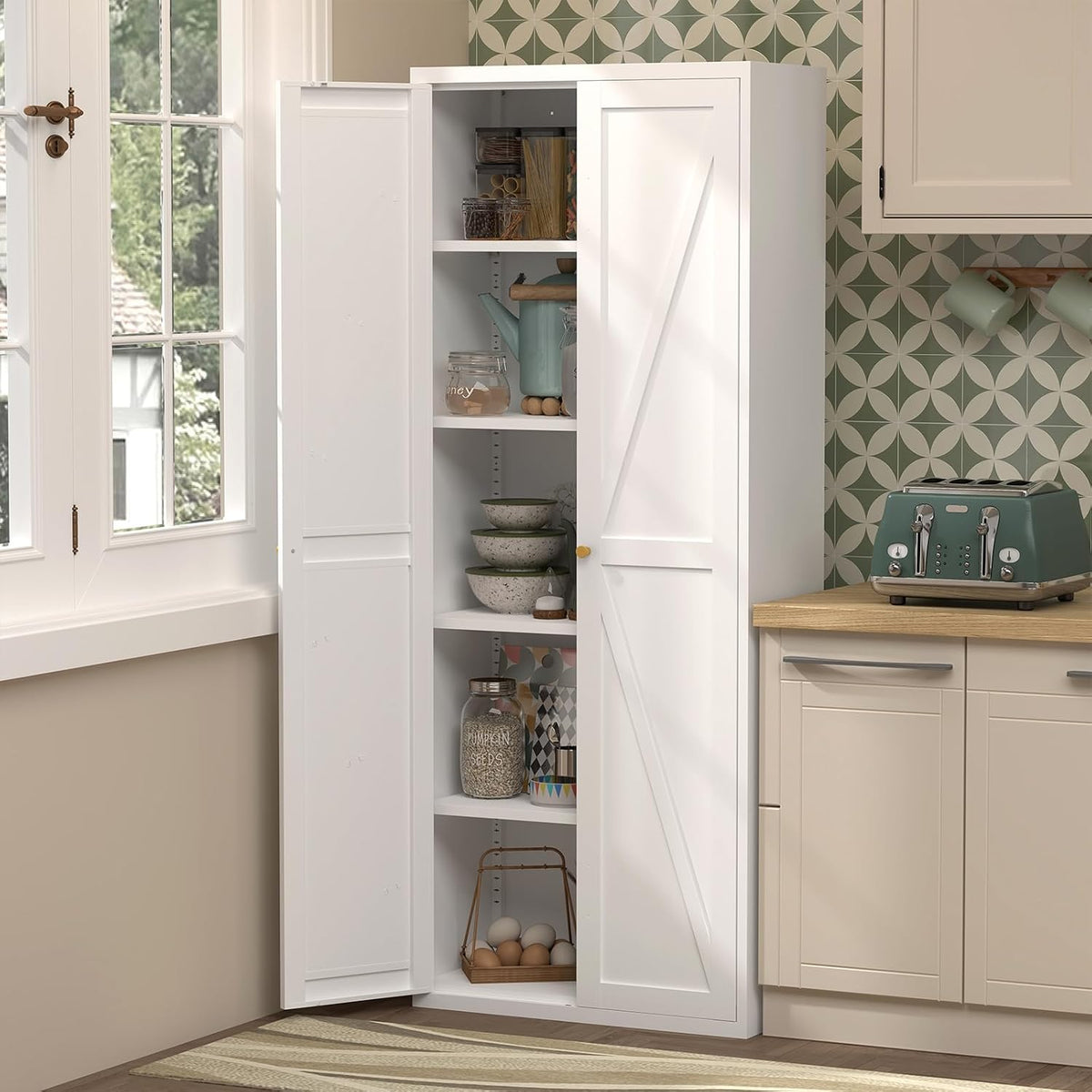 71" Tall Kitchen Pantry Storage Cabinet, Kitchen Storage Cabinet with Doors and 4 Adjustable Shelves, Metal Freestanding Cupboard for Garage Dining Room Living Room Bathroom, White