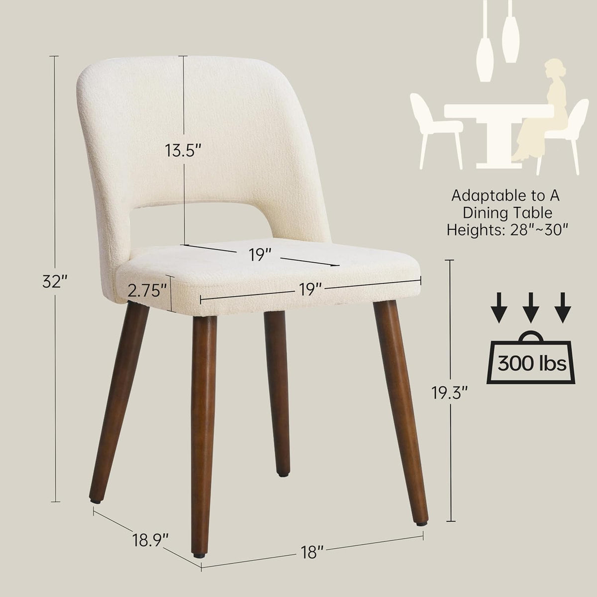 Usaint Wooden Dining Chairs Set of 4, 19.3" Modern Fabric Upholstered Dining Room Chair with Ergonomic Curved Backrest for Kitchen Dining Room and Restaurant, Beige