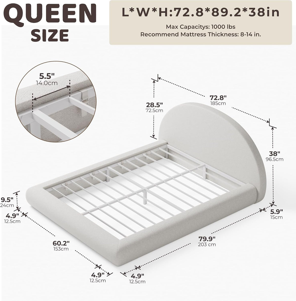 RECCI AirFrame Half-Moon Upholstered Queen Platform Bed Frame
