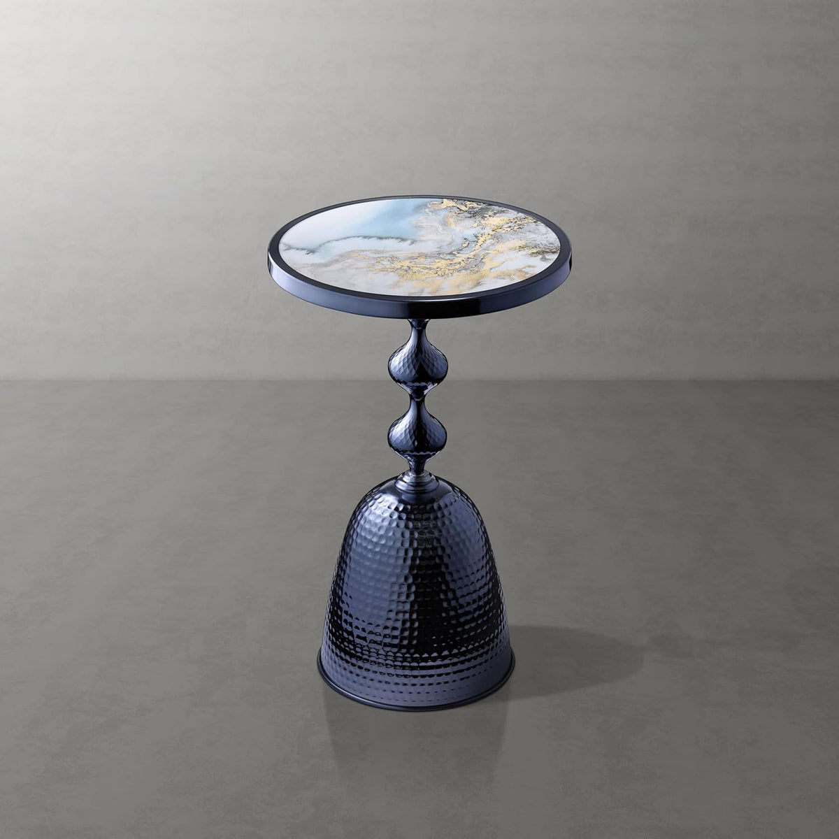 Homes: Inside + Out Halric Modern 25" Tall Round End Table with Decorated Tabletop and Iron Metal Base, Accent Furniture, Elegant Pedestal Stand for Living Room, Home Office, Chrome Blue