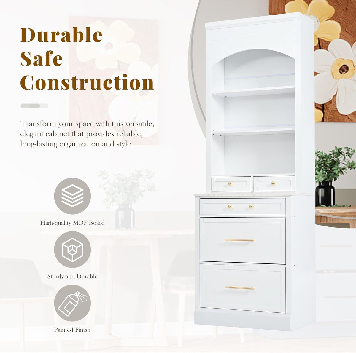 84'' Tall Kitchen Pantry, Storage Cabinet with 5 Storage Drawers and Adjustable Shelf, Anti-Tip Safety, Faux Marble Top Display Cupboard for Kitchen, Dining Room, Living Room, White