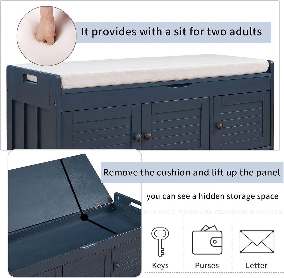 Storage Bench with 3 Shutter-Shaped Doors, Wood Shoe Bench with Removable Cushion and Hidden Storage Space for Entryway, Living Room, Hallway 43.5" L*16" W*18" H Antique Navy