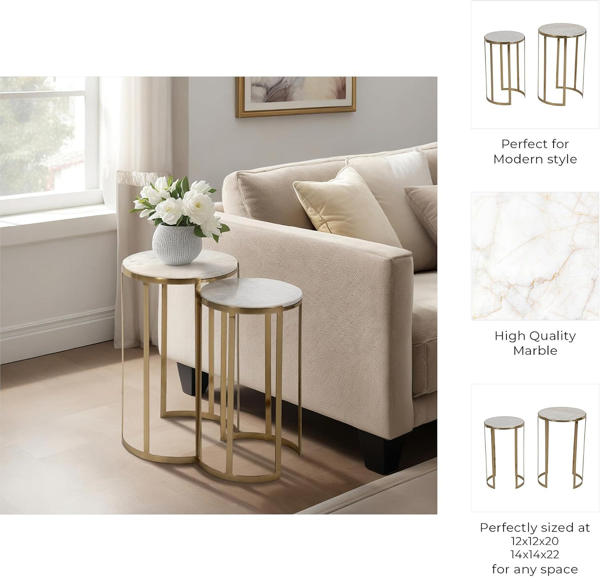 Elegant End Table, Side Table, or Night Stand for Room Decor - Round Metal Accent Table with Marble Top for Small Spaces - Perfect for Home, Bedroom, or Living Room Set of 2 - 22", 20" White & Gold