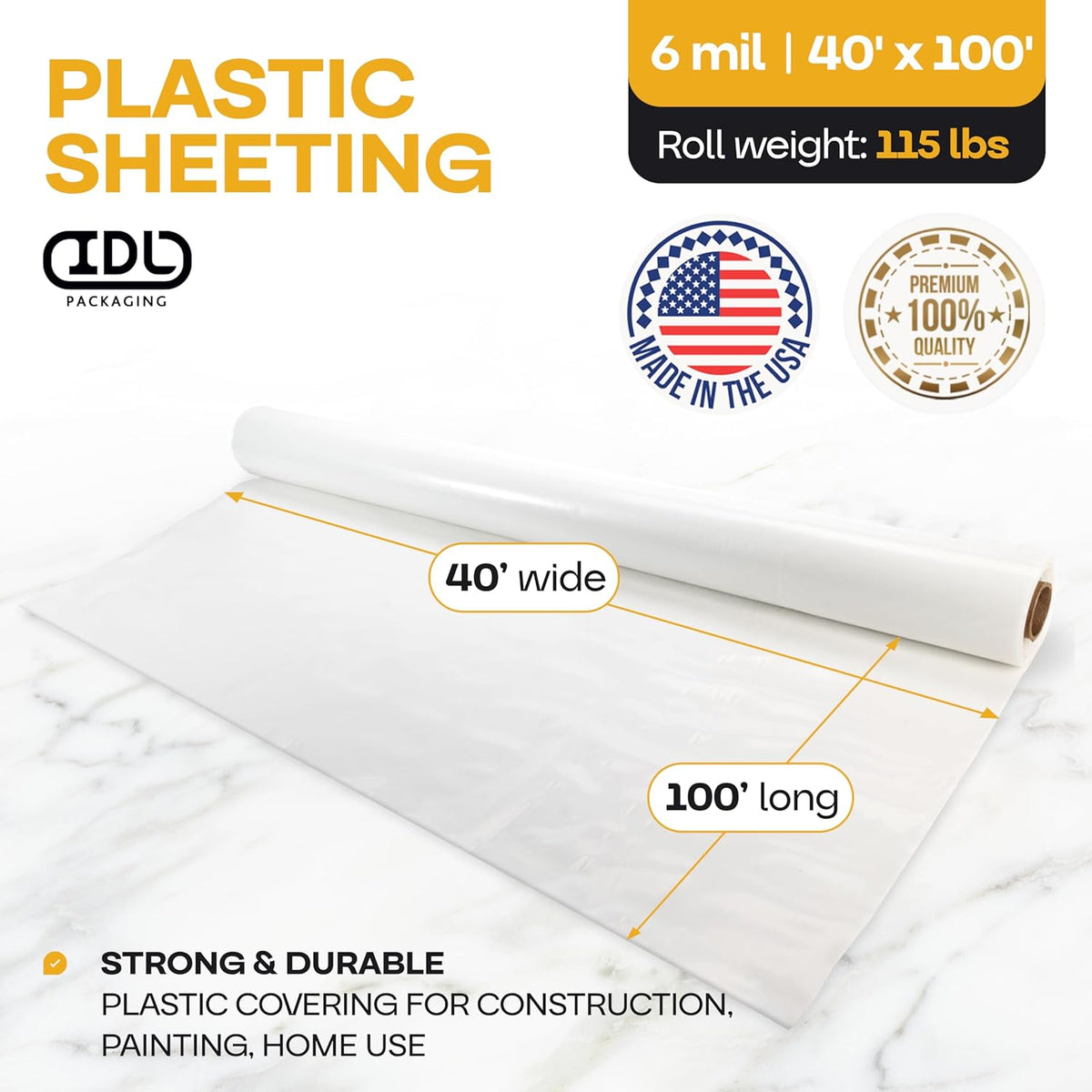 Plastic Sheeting 6 mil, 40' x 100' (4000 sq. ft.) - Semi-Clear Thick Painting Plastic Covering for Painting, Construction and Greenhouse - LDPE Plastic Rolls Heavy Duty Outdoor by IDL Packaging