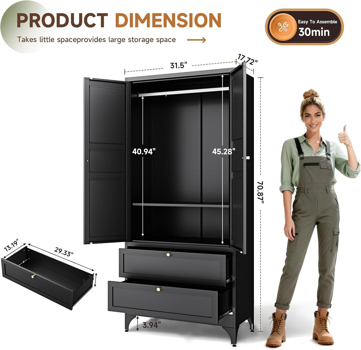 Letaya Metal Armoire Wardrobe Closet with Drawers,Clothing Storage Cabinet with Doors and Shelves,Coat Closet with Hanging Rod,Bedroom,Home,Cloak Room,Black-71 H x 32" W x 18" D