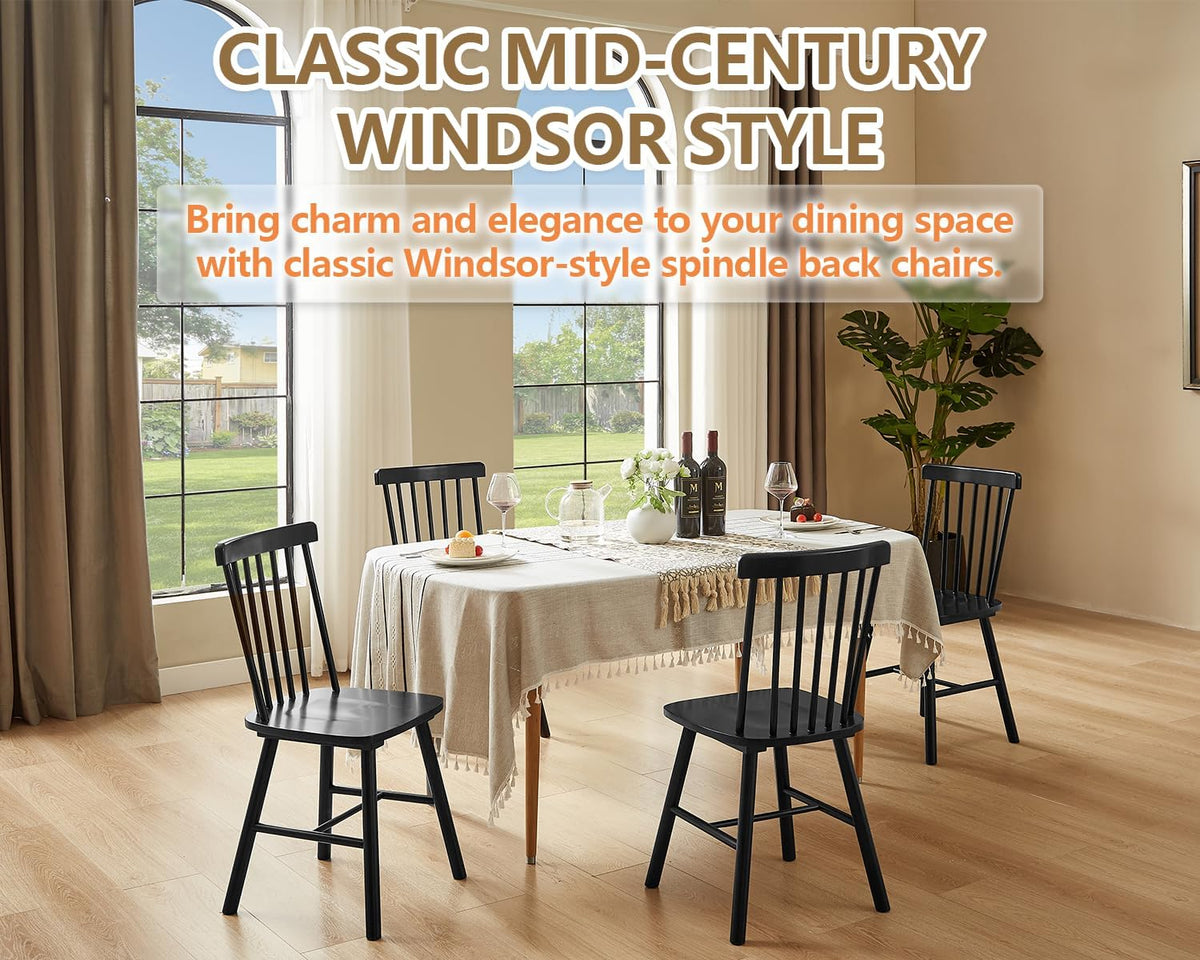 PrimeZone Windsor Dining Chairs Set of 6 - Solid Rubber Wood Farmhouse Kitchen Chair with Spindle Back, Mid-Century Modern Side Dining Chair for Dining Room, Kitchen & Restaurant, Black