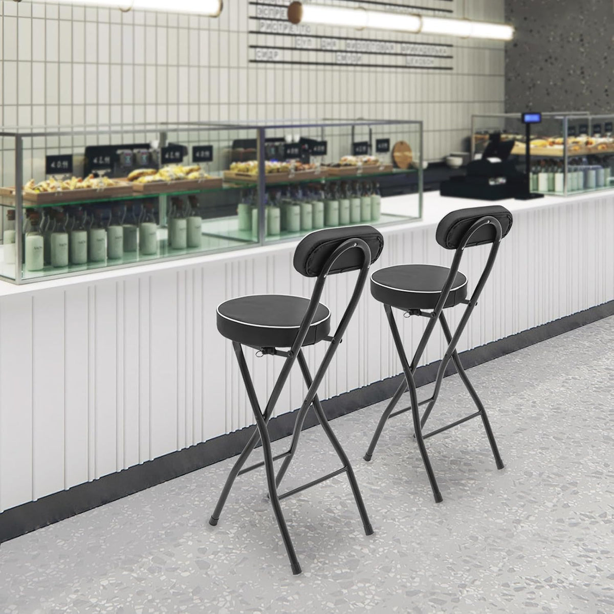 2 PCS Folding Bar Stool with Back, Tall Foldable Stool, Portable Stools Counter Height Foldable Stools Chairs Collapsible Stool for Kitchen Bar Shop Cafe ﻿ (Black)