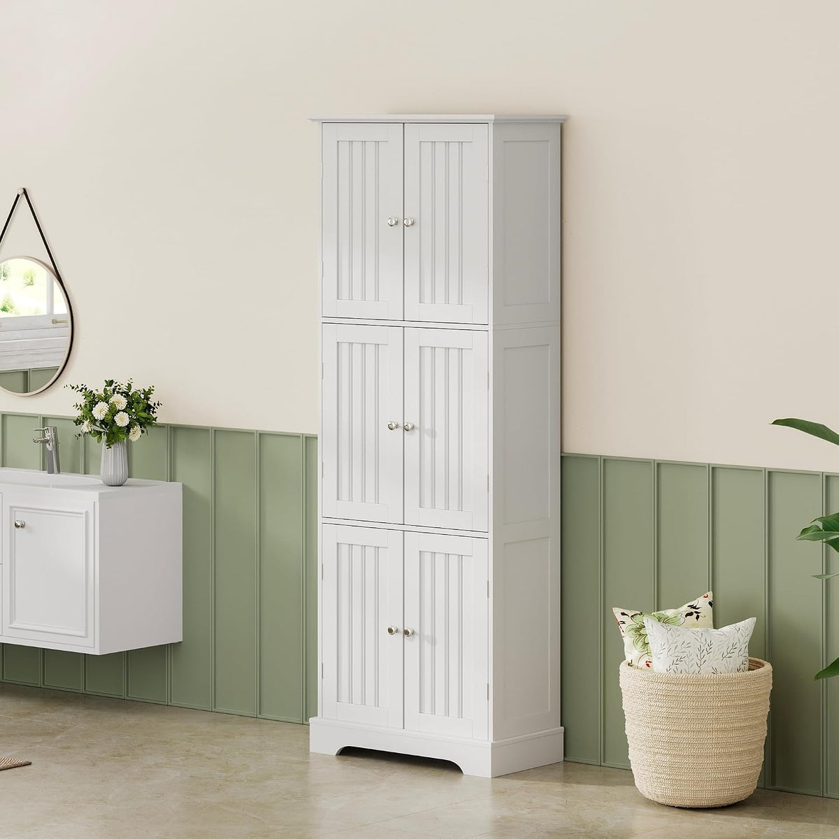 ChooChoo 63.2" Tall Bathroom Storage Cabinet with 6 Doors | Freestanding Floor Cabinet, Adjustable Shelves, Pantry Cabinet for Bathroom, Kitchen, Laundry Room, White