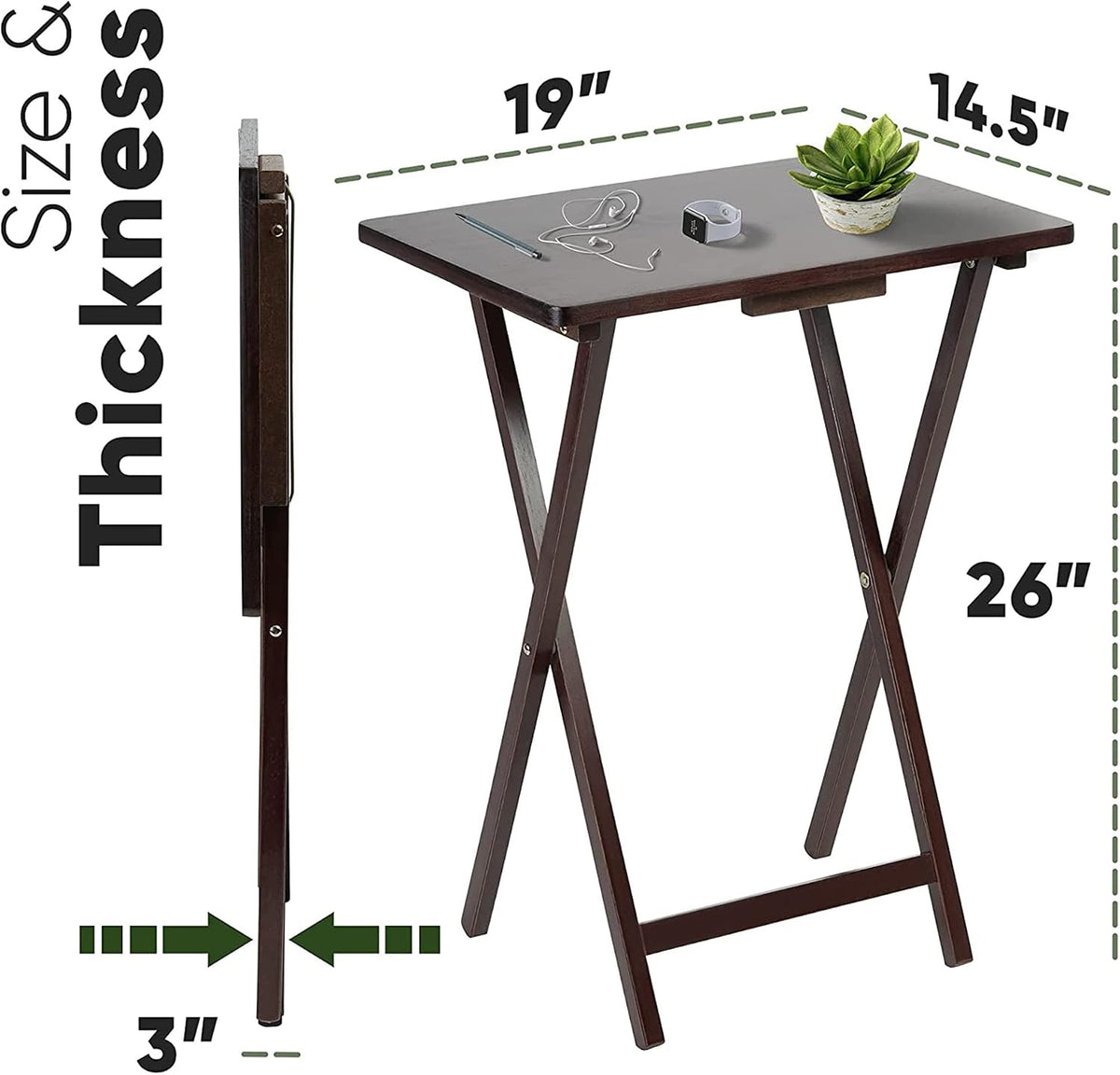 PJ Wood Espresso - 5-Piece TV Tray Table Set - Folding with Storage Rack | Solid Rubberwood, 19.09 x 14.57 x 26 in Each, 3 in Thick Collapsed, 40 lb Capacity, 5 Units, Indoor Use