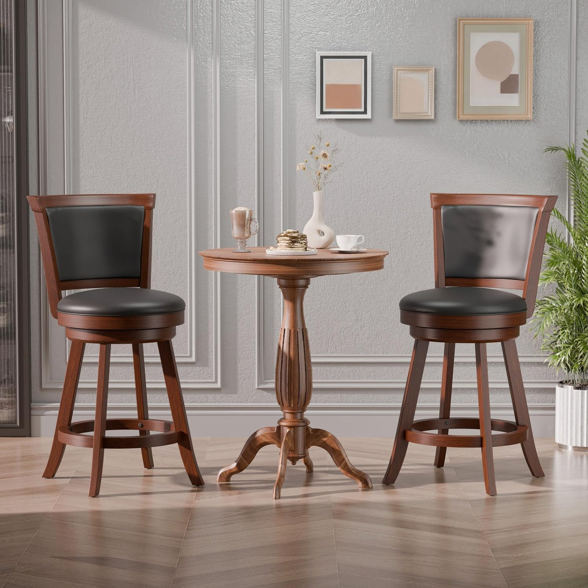 Bar Stools Set of 2, Farmhouse 24" Counter Height Barstools, Brown | Upholstered Leather Cushion&Backrest, Solid Wood Legs & Footrest, 360-degree Swivel Seat