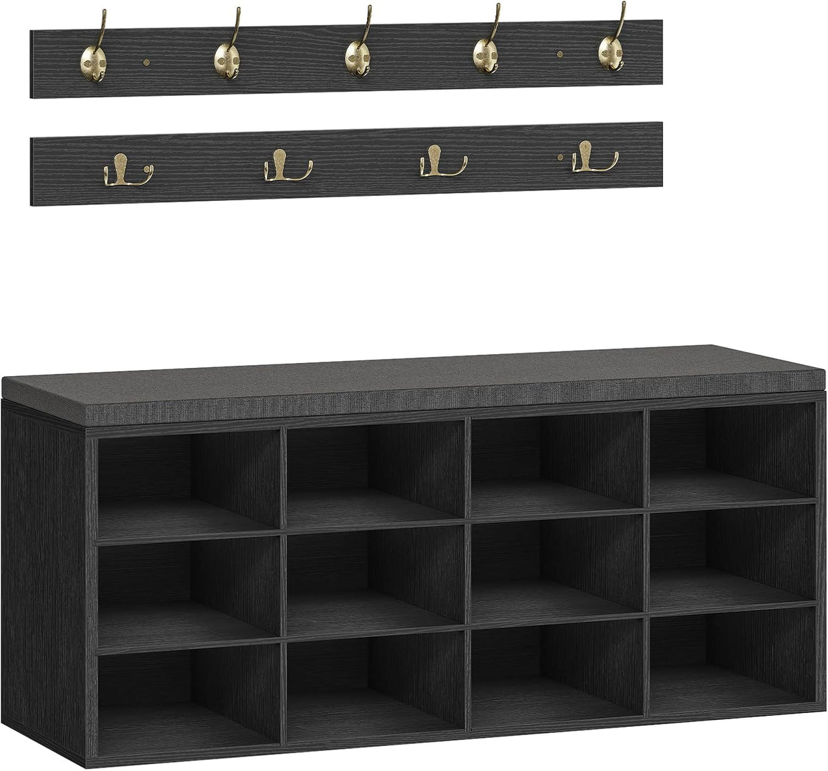HOOBRO Shoe Storage Bench with Cushion, 39.4" L Entryway Bench with 12 Cubbies, Entryway Hall Tree with Storage, Cubby Shoe Rack Bench with Coat Rack for Hallway, Holds up to 330 lb, Black BB112HX01