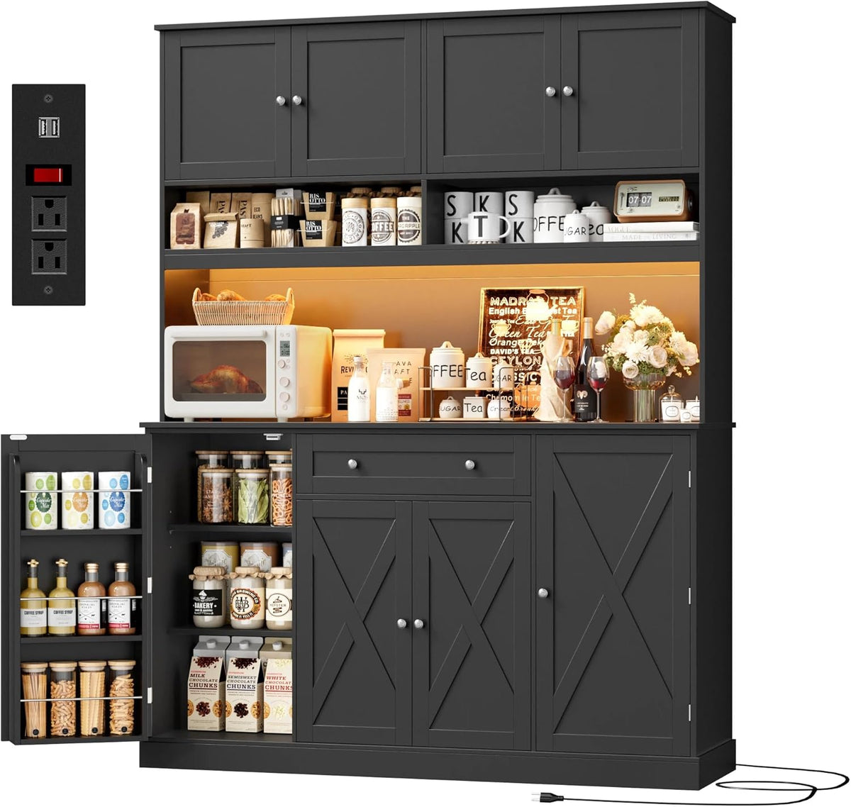 HIFIT 72.8” LED Kitchen Pantry Cabinet with Charging Station, 55” Wide Farmhouse Pantry Cabinet with Microwave Stand&Shelves&Swing-Out Door, Kitchen Hutch Coffee Bar for Living Room, Black