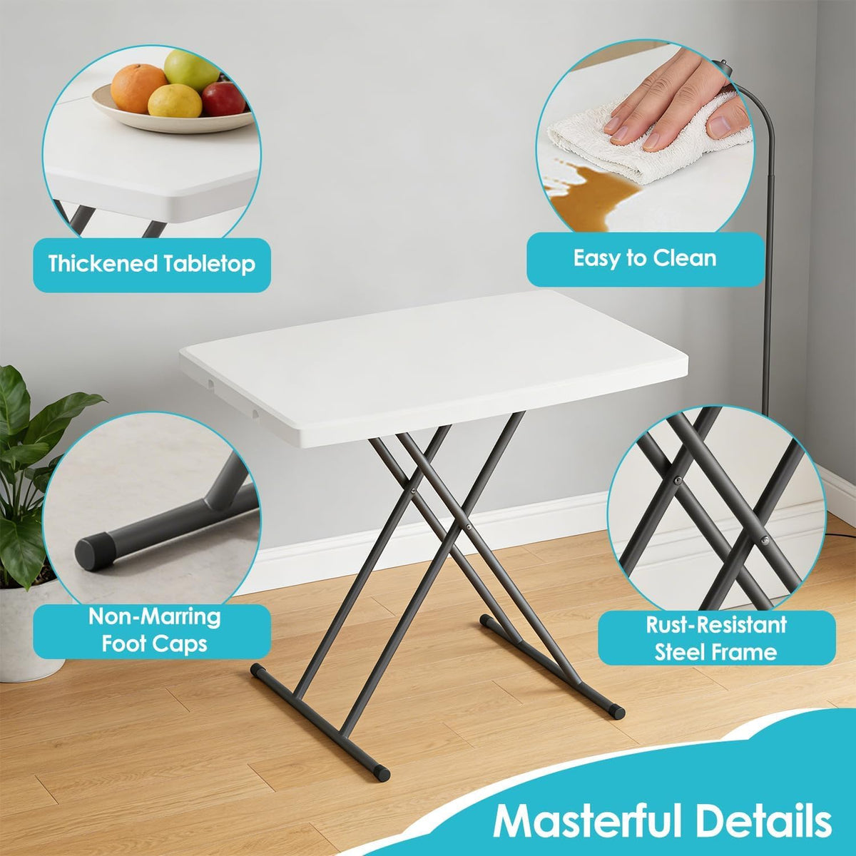 30-Inch Adjustable-Height Folding Table, White HDPE Utility Table for Small Spaces, No Assembly Required – Ideal for Laptop Use, On the Couch, Camping, the Office, and Home Use
