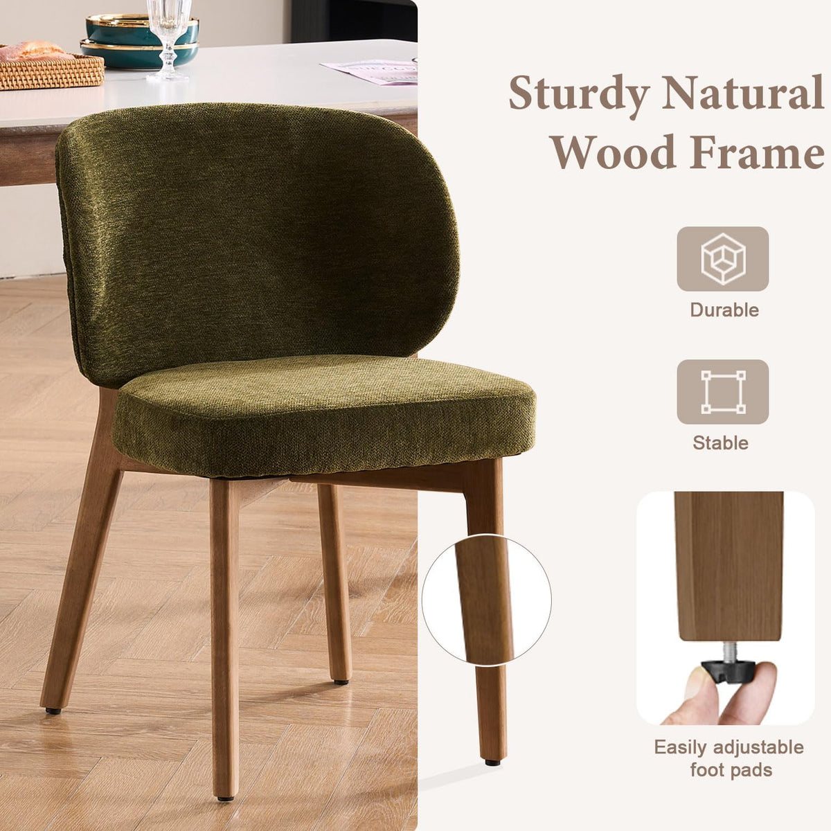 YOUNUOKE Upholstered Dining Chairs Set of 4, Modern Chenille Fabric Dining Room Chair with Wood Legs, Widen Backrest Comfy Armless Side Kitchen Chairs, Green