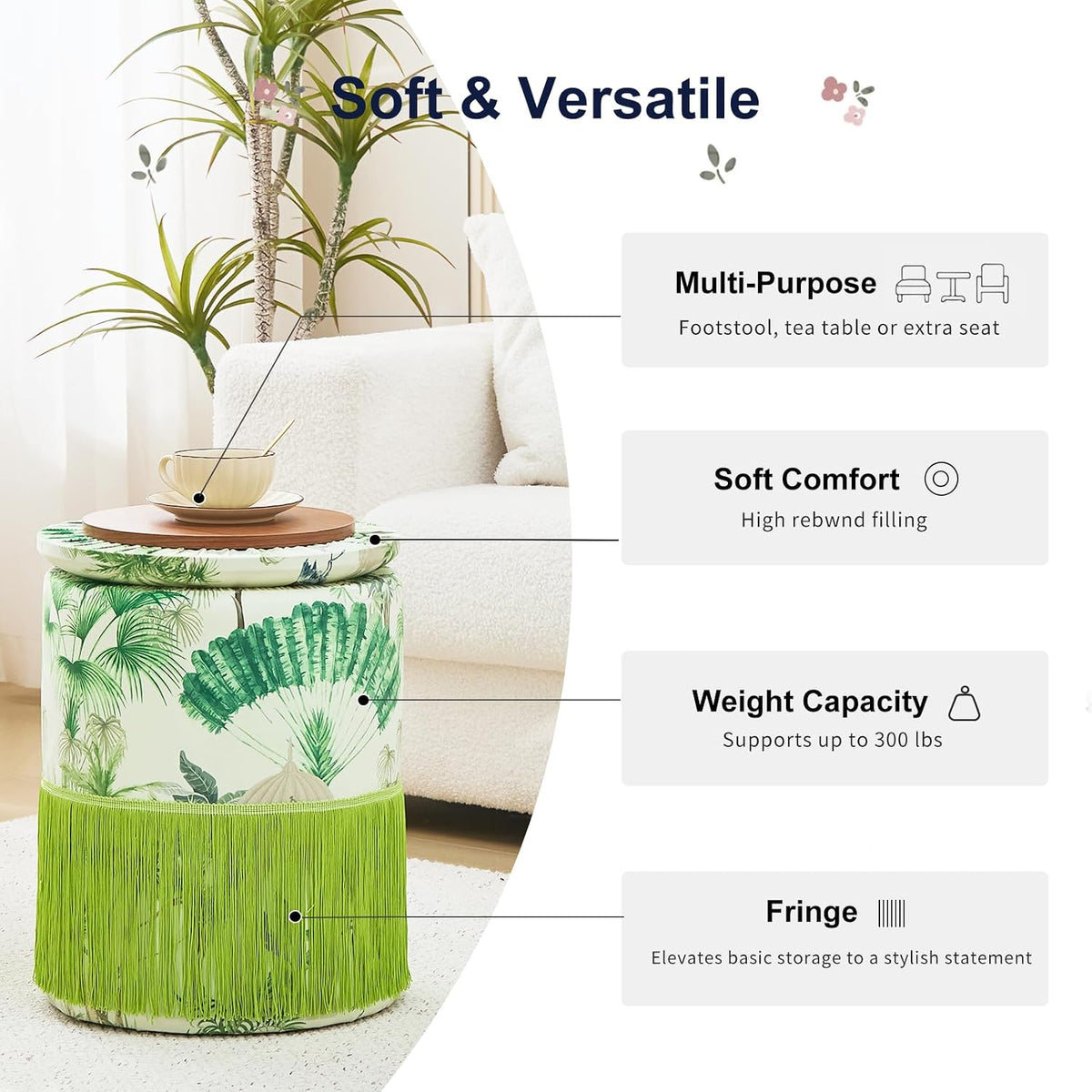Round Fringe Ottoman with Storage, Farmhouse Tassel Velvet Footrest Stool, Flip Top Vanity Ottoman Chair for Living Room Bedroom
