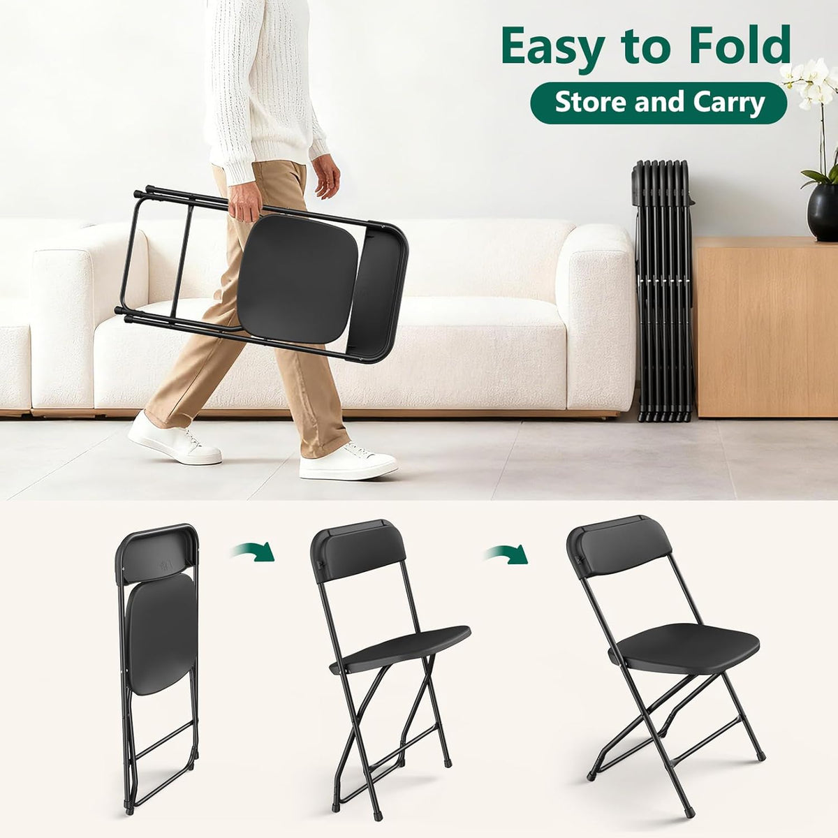 4 Pack Black Plastic Folding Chairs, Outdoor Portable Folding Chair with Steel Frame, 350lbs Capacity Stackable Foldable Chairs for Patio, Garden, Picnic, Kitchen, Events