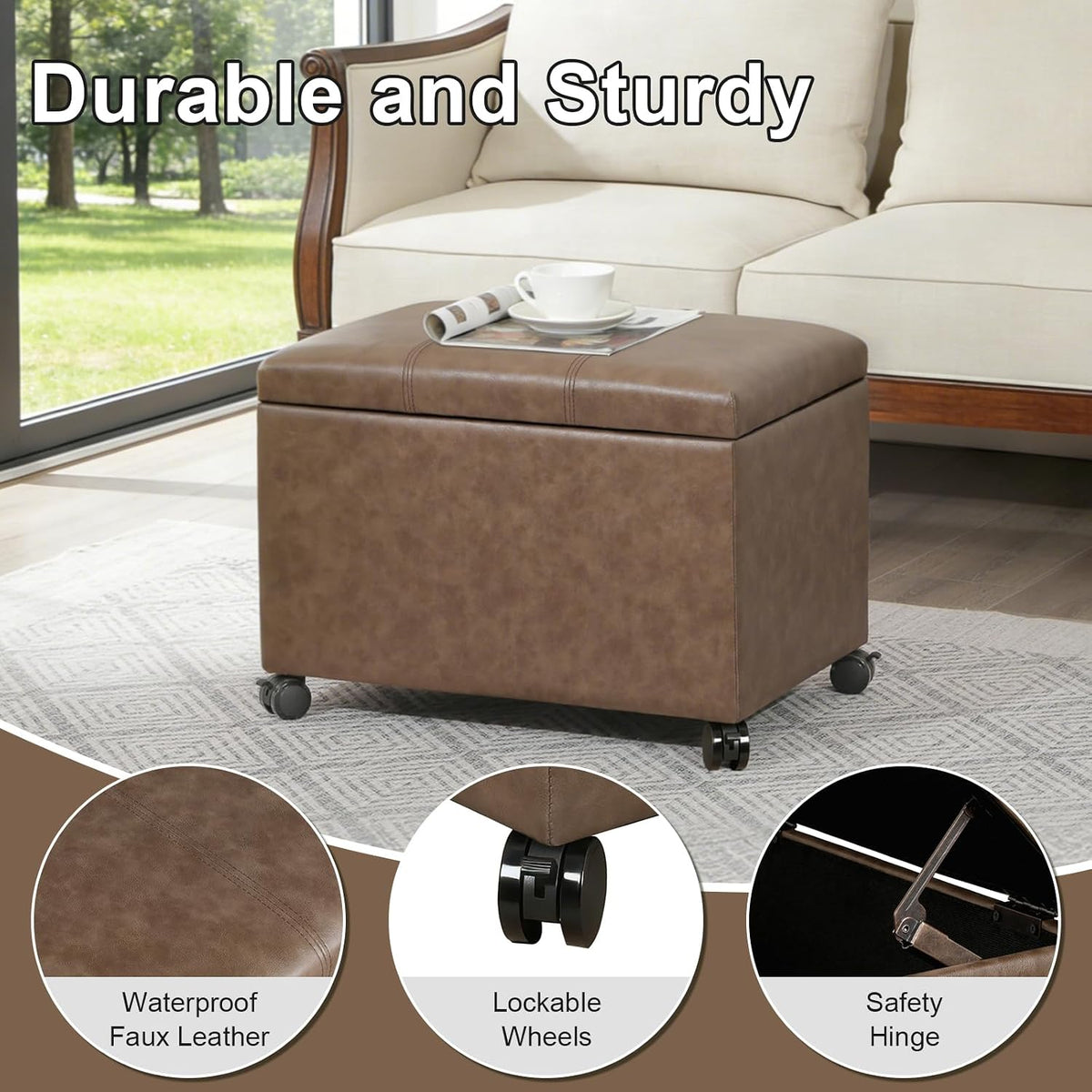 Asense 24-inch Rolling Storage Ottoman Bench, Upholstered Faux Leather Footrest with Wheels,Safety Hinge,Small Entryway Bench with Storage for Living Room, Bedroom,Brown