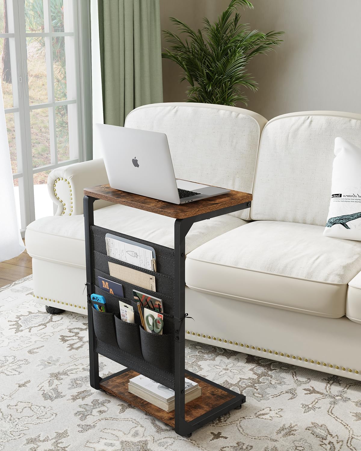 Wood Pedestal TV Trays for Eating on Couch, C Shaped End Table for Couch Side Tables that Slide Under, Sofa Arm Recliner Chair Dinner Table, Small TV Tray Over the Couches Stand, Living Room ET-P-BRW1