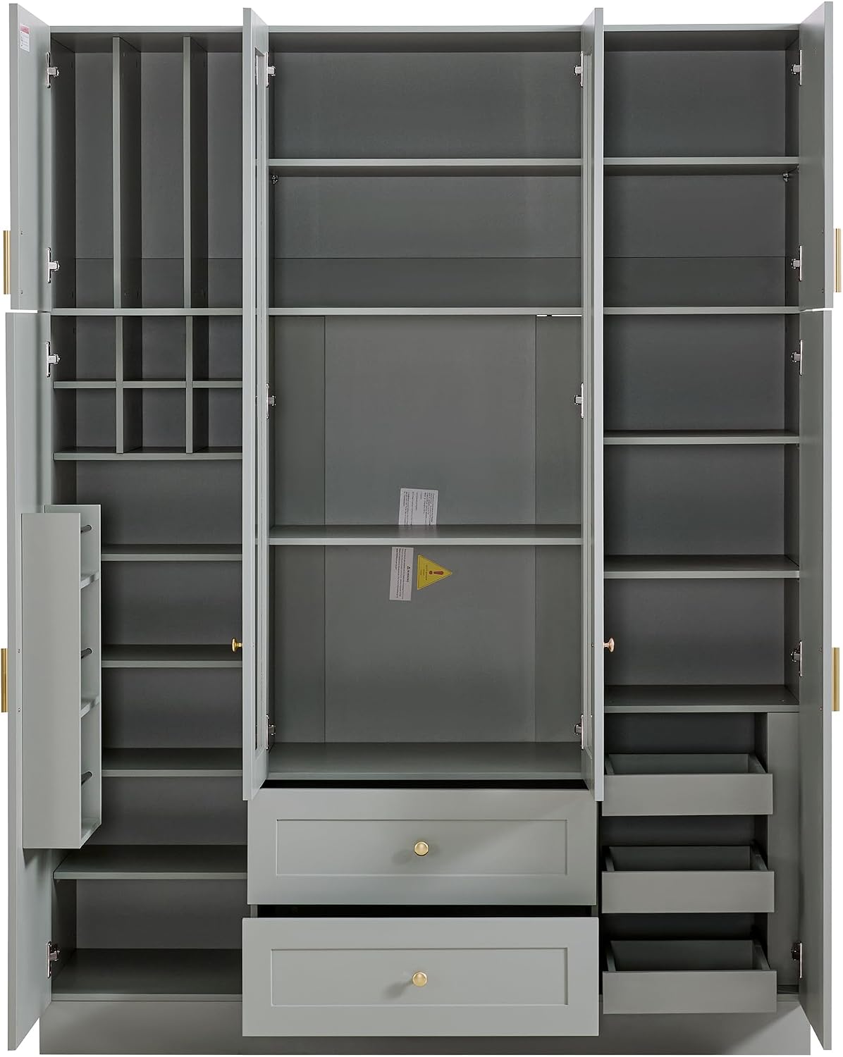 71" H Large Kitchen Pantry with 6 Doors, 53.2" L x 17.7" W Wooden Cupboard with Drawers, Pull-Out Trays, Wine Rack and Adjustable Shelves for Dining Room, Gray-Green