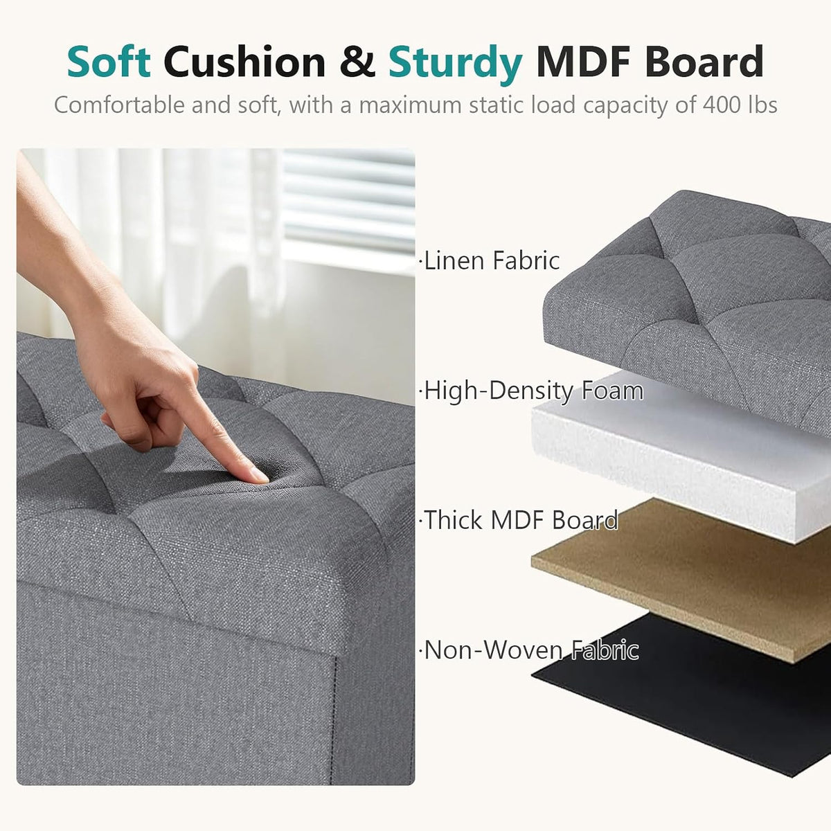 30 Inches Storage Ottoman, Folding Storage Ottoman Bench,Ottomans Foot Rest, End of Bed Bench 400LBS, Ottomans Bench Storage for Bedroom, Entryway, Living Room, Grey, 15" D x 30" W x 15" H