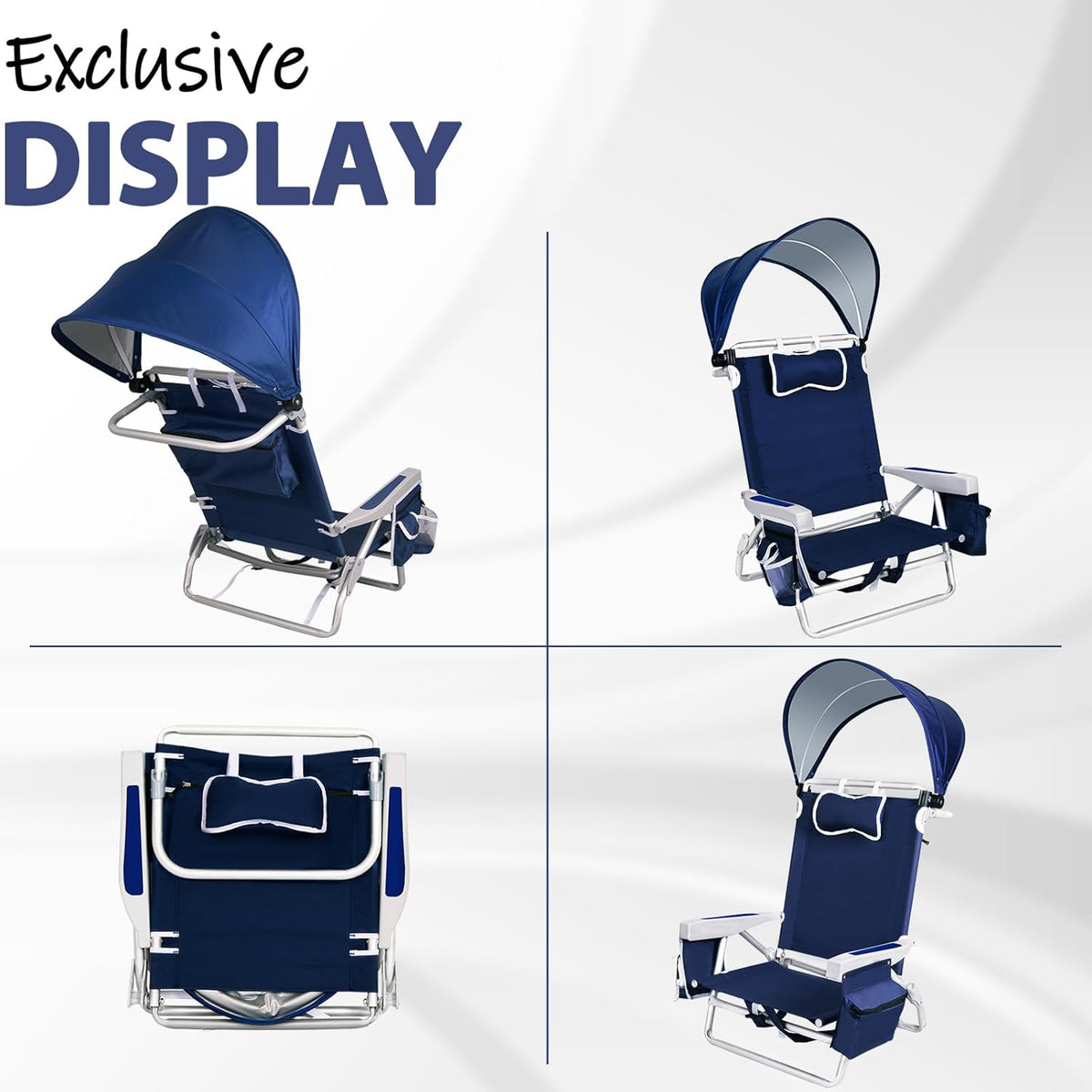 Beach Chair with Umbrella and Canopy Shade, Aluminum Backpack Beach Chairs for Adults, Adjustable Sun Shade, 5 Position Lay Flat, Cooler Bag, Cup Holder, Towel Bar, Navy Blue