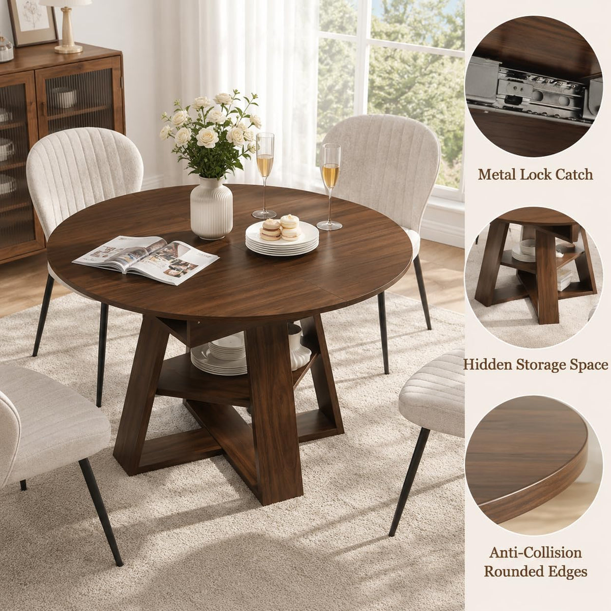 43"-59" Extendable Round to Oval Wooden Dining Table | 1.2" Thick MDF Tabletop,20" Storage Shelf,Smooth Silent Glides,Small Spaces Apartment Kitchen Dining Room,Walnut