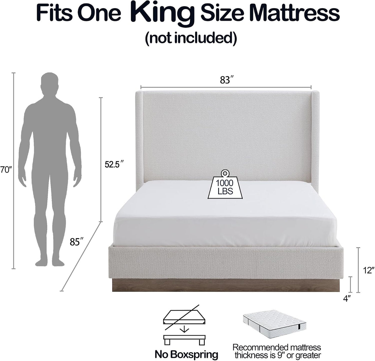 KEIKI King Size Upholstered Wingback Bed with 52.5" High Headboard,