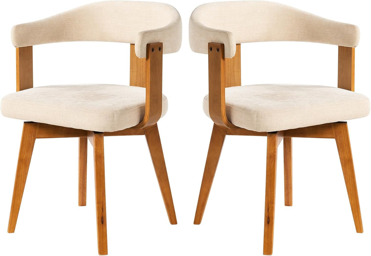 EYYTHUNG Swivel Dining Chairs Set of 2, Mid Century Modern Chenille Dining Chairs with Arms and Wood Legs,Upholstered Kitchen Chairs for Kitchen, Dining Room, Living Room, Beige and Dark Oak