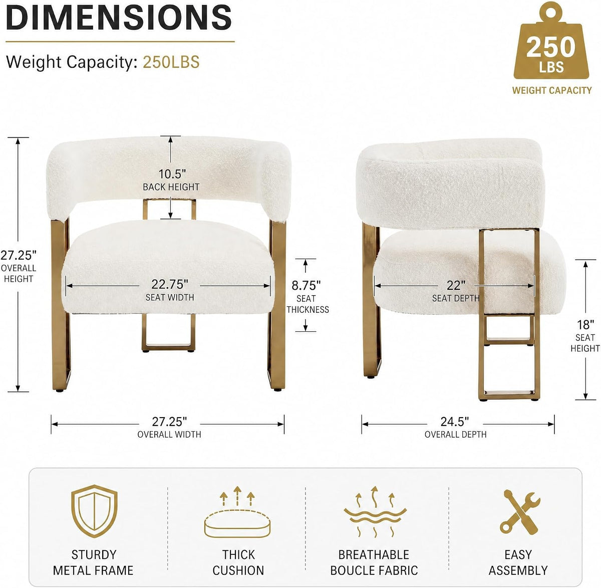 Barrel Accent Chair,Modern Side Chair with Golden Metal Legs, Sherpa Upholstered Reading Armchair for Bedroom, Boucle Club Chairs for Living Room/Reception Room/Lounge/Office, White