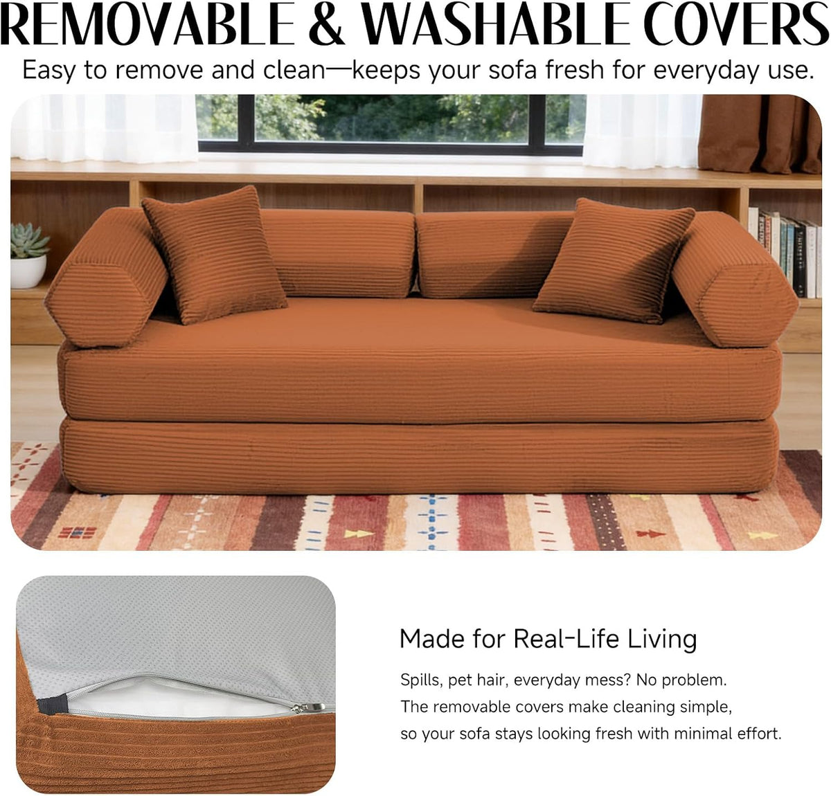 79" Corduroy Sofa Bed, Couch in a Box with 2 Pillows, High-Density Foam 4-in-1 Foldable Sleeper Futon Loveseat for Small Spaces, No Assembly, Side Pockets, Hex Arm Orange
