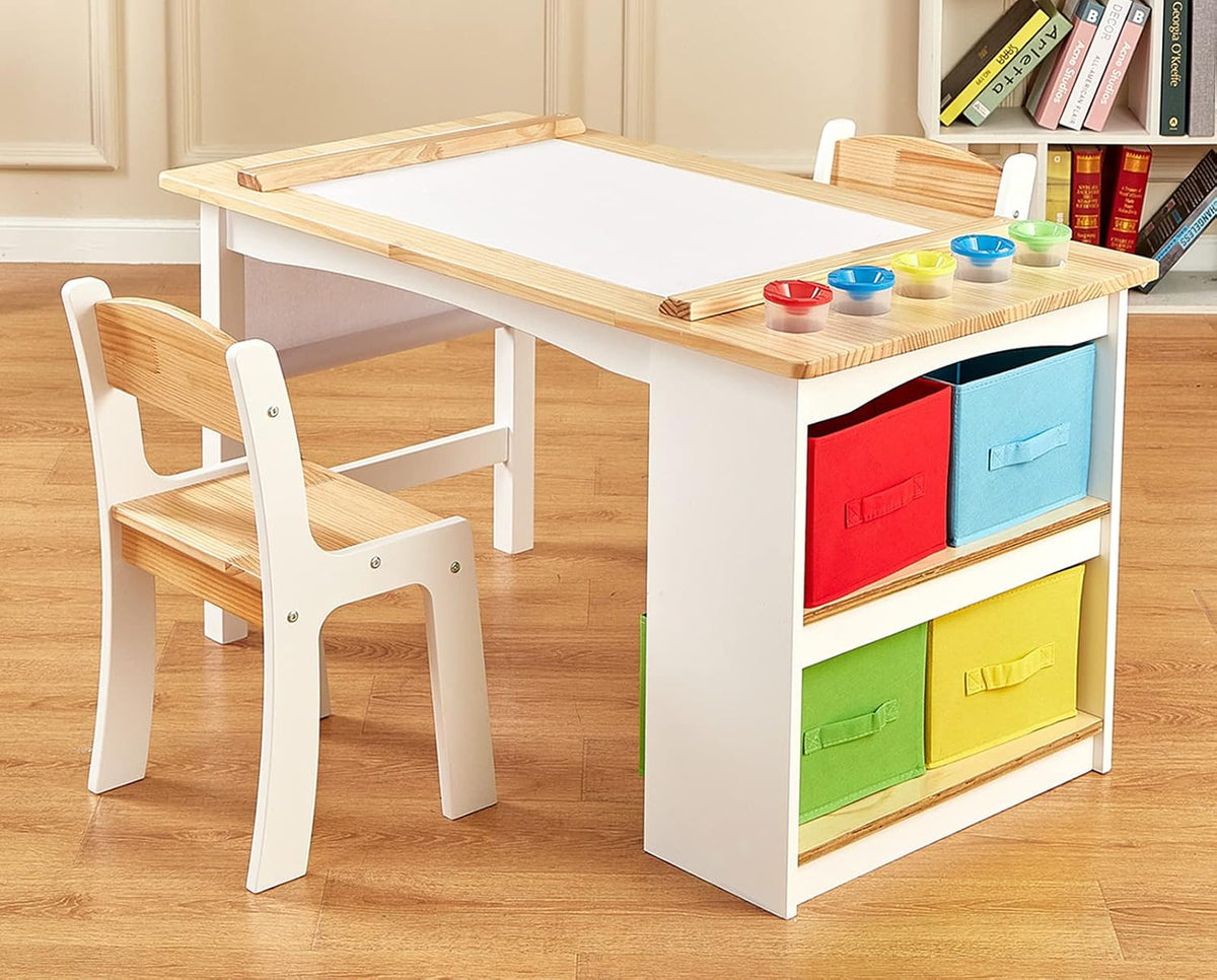FUNLIO Wooden Kids Art Table & 2 Chairs Set, Kids Craft Table with Large Storage & Paper Rolls for Ages 3-8, Toddler Drawing Table Solid Wood, Easy to Assemble/Clean, CPC & CE Certified