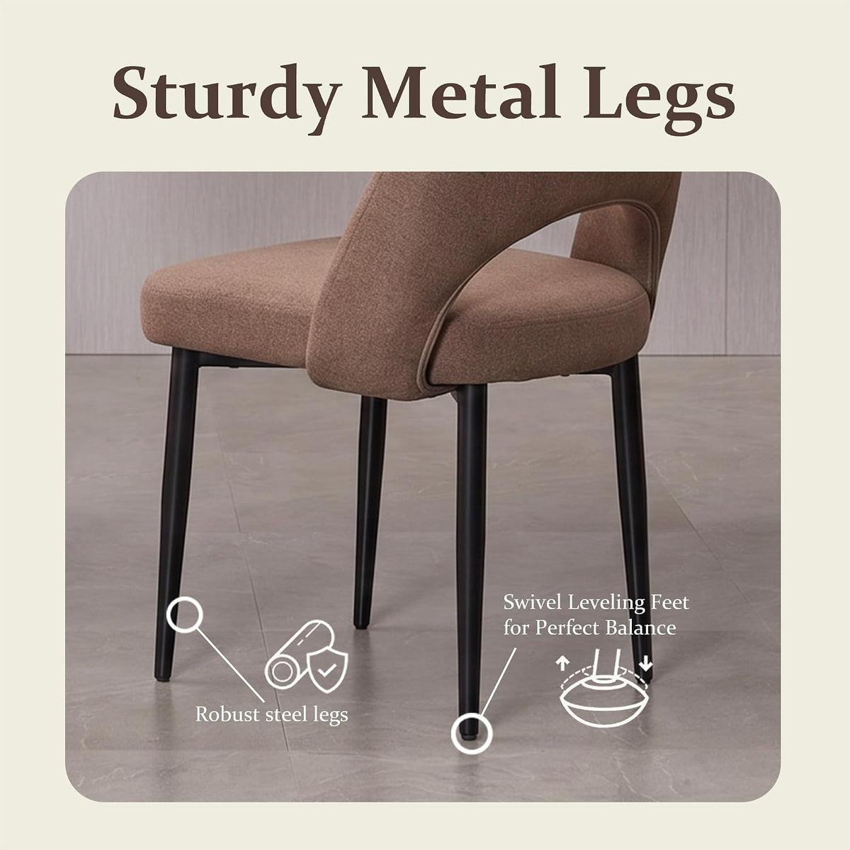 Modern Dining Chairs, Fabric Upholstered Accent Kitchen Chairs with Comfy Padded Seat & Sturdy Metal Legs, Side Farmhouse Chairs for Dining Room, Living Room, Restaurant (Brown, Set of 6)