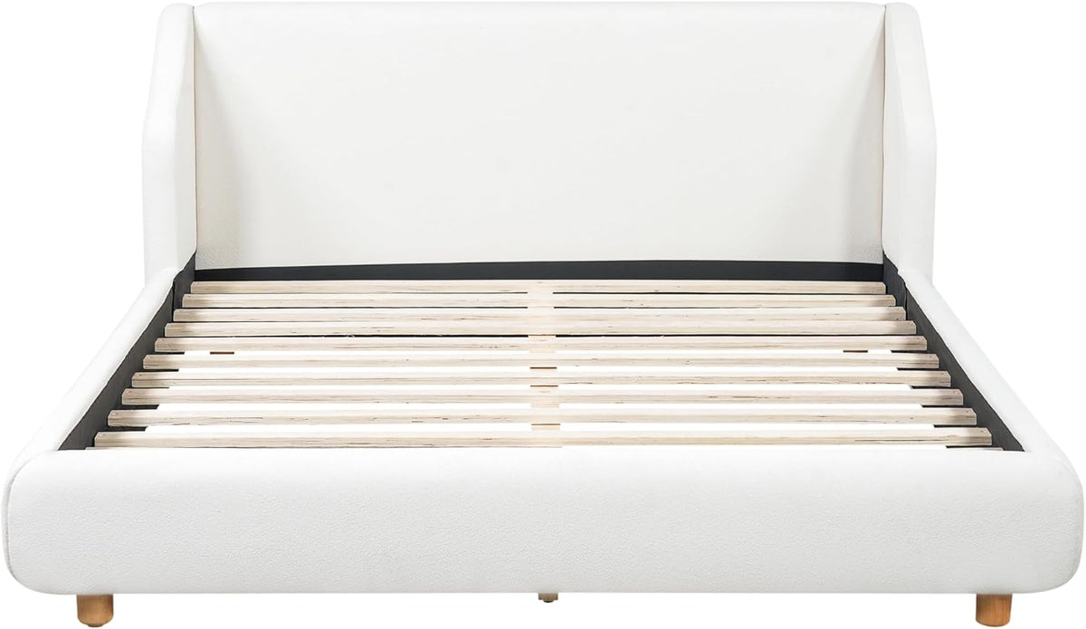 Christopher Knight Home Astry Boucle Upholstered Queen Size Bed Frame with Wingback Headboard, Modern Queen Bed Frame and Headboard, Wooden Slats Support, Easy Assembly, No Box Spring Needed, White