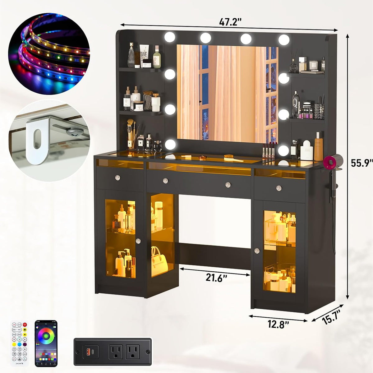 Vanity Desk W/6000-Colors Light&Power Outlet,Makeup Vanity Desk W/LED Mirror and Lights 3 Colors,Transparent GlassTop W/3 RGB Drawers,Hair Tool Holder,2 Large Tempered Cabinets for Bedroom(Black 2)