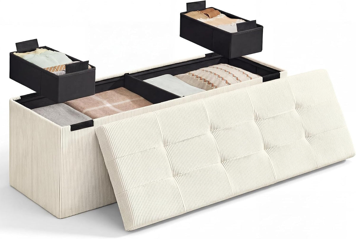 SONGMICS Home Ottoman with Storage, Removable Lid, Folding Storage Chest, Easy Assembly, for Entryway, Bedroom, Living Room, 15.2 x 43.2 x 15.2 Inches, Corduroy, Light White