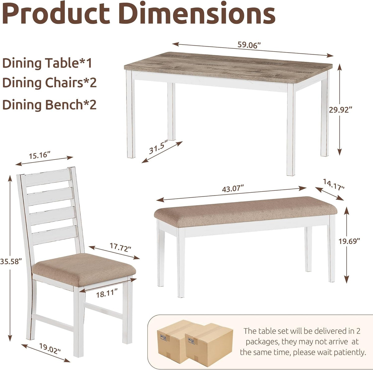 59" Farmhouse Dining Table Set for 6, White Rectangular Wood Table with Upholstered Chairs & Bench for Kitchen or Dining Room (2chiars&2bench)