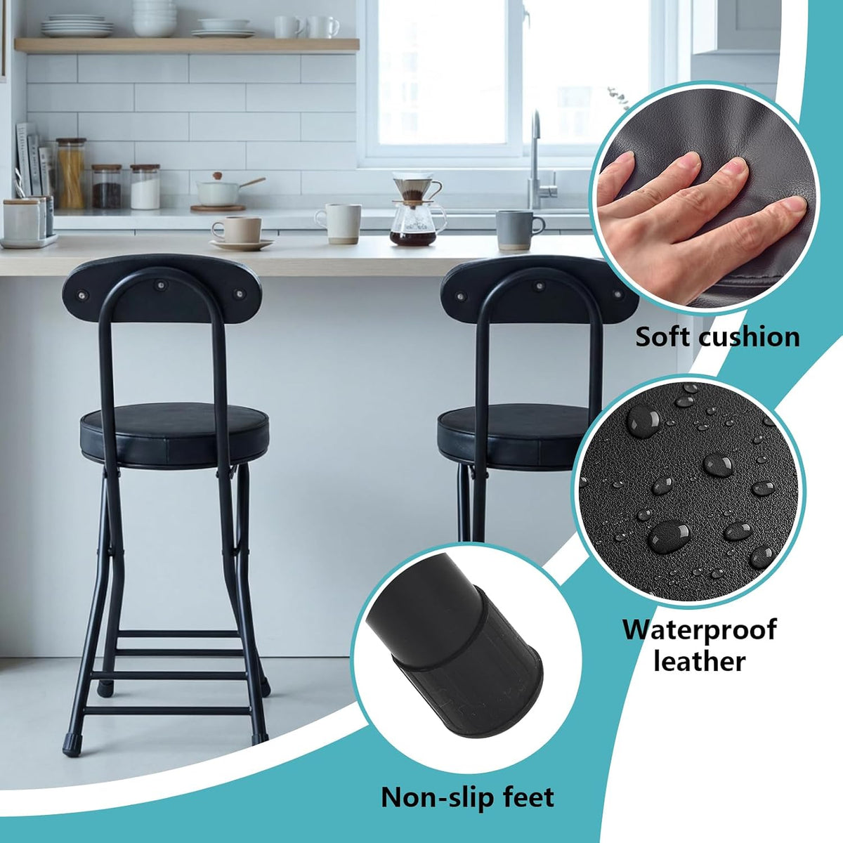 Folding Stool,Cushioned Padded Folding Bar Stool,18inch Black Height Heavy Duty Portable Chair Stool with 300lbs Capacity for Kitchen Living Room Garden Camping Fishing