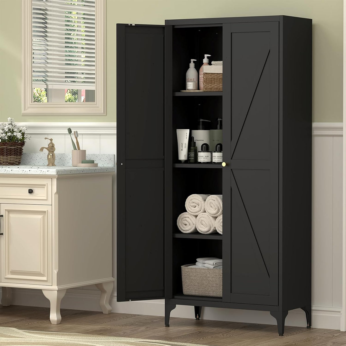 65"H Kitchen Pantry Storage Cabinets with 2 Doors and 3 Adjustable Shelves, Tall Metal Storage Cabinet with Adjustable Feet, White Cupboard for Kitchen, Dining Room, Living Room and Bathroom